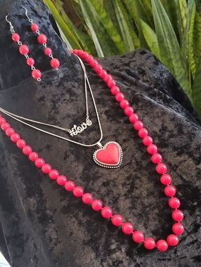 Red Heart Pendant Necklace Set with Beaded Statement Strand